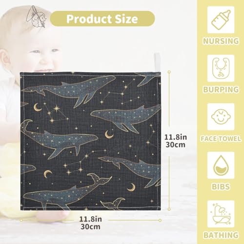 Image of vvfelixl Celestial Constellation Whale Baby Burp Cloths Baby Muslin Washcloths for Boys Girls Cotton Baby Face Towel for Newborn Infants Soft and Absorbent 11.8 X 11.8 in, 5 Pack