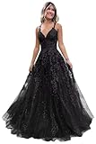 Vtorliya Women's Spaghetti Strap Tulle Prom Dresses Long Lace Appliques Ball Gown A-Line V Neck Formal Evening Party Dress Black