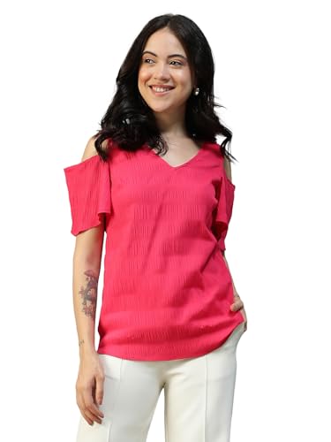 Image of oxolloxo Women Solid V-Neck Short Sleeve Cold Shoulder Yarn-Dyed Dobby Top