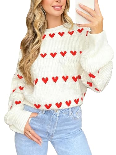 Image of Women Heart Print Sweaters Crewneck Loose Fit Knit Pullover Casual Sweater Tops