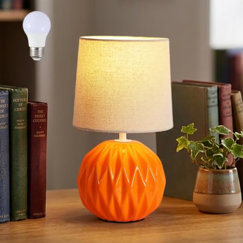 Orange Ceramic Table Lamp with Linen Shade, Small Bedside Lamp for Bedroom