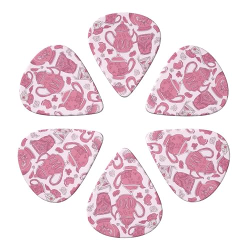 ギターピック ピック6個パック オーガナイザー収納ボックス付き ピンクティーポット ベースピック エレキウクレレピック用 アコースティックギター用 0.71mm