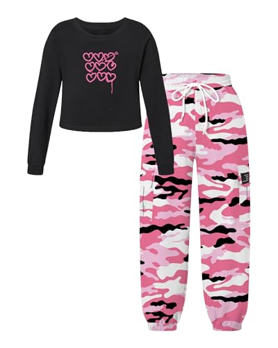 Image of Betusline Girls Fall Winter Clothing Sets, Long Sleeve Crop Top & Cargo Jogger Pants 2 Piece Outfit Sets,4T-14Y