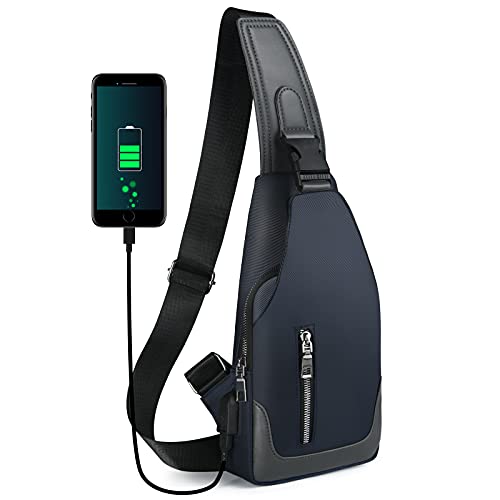 Aucuu Sling Bag, Bolsa de Pecho, Bolso Bandolera para Hombre con Puerto de Carga USB, Puerto Crossbody para Hombres Mujeres Senderismo Ligero Ciclismo Mochila de Viaje para Acampar-Azul