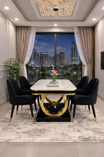 Image of Ring Dining Table Set 4 Seater Marble Finish Dining Table Set with Gold Metal Base & Cushioned Chairs - 2yr Warranty - Modern Dining Table for Home & Kitchen (54 x 36 x 30 Inch) (Black)