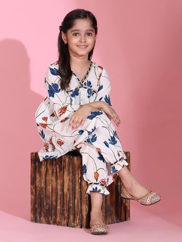 Image of Maaesa Girls' Light Pink & White Striped Cotton Alia Kurta and Afghani Pants Set | Sleeves | V-Neck with Metallic Trim | Lightweight & Breathable | Festive & Casual Wear