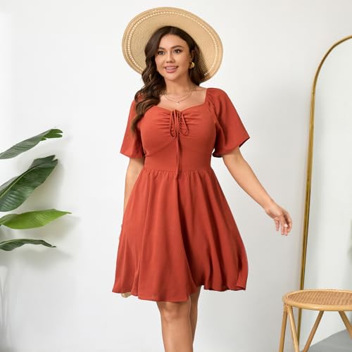 Image of RWJ Women Plus Size Summer Dress Short Sleeve Tie Front Sweetheart Neck Casual Mini Wedding Guest Dresses 2025