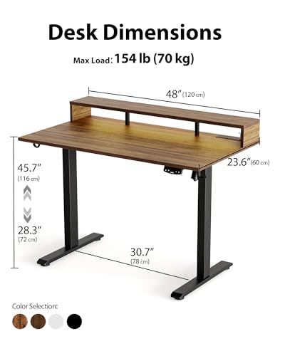 Image of Agilestic 48x24 Inch Electric Standing Desk with Shelf, Height Adjustable Desk with Power Outlets & LED, Sit Stand Up Table with Monitor Stand, Computer Workstation, Dark Walnut