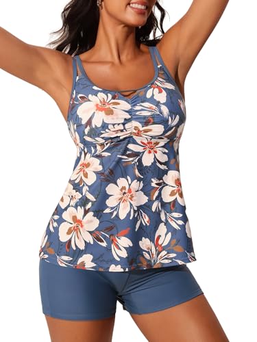 Summer Mae Womens Tankini Swimsuits 2025 Two Piece Bathing Suits Tummy Control Ruched Swim Suits with Shorts
