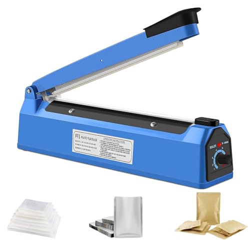 LUKVCIY Impulse Sealer Machine 200mm Portable Manual Heat Sealer for Plastic PE PP PVC Bags - 8 Temperature Settings Built-in Fuse Safety Light Indicator Replaceable Element Grip