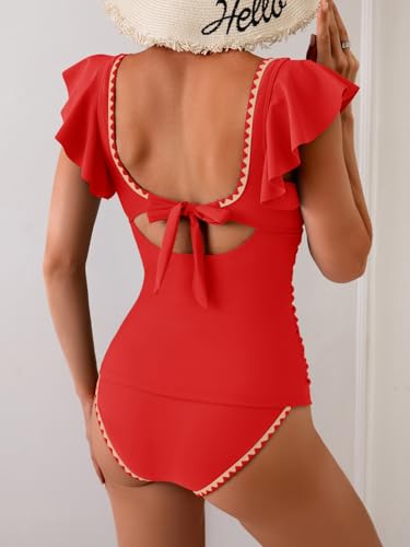Image of Aidonger Women's Tankini Swimsuit Tummy Control Ruffle Two Piece Bathing Suit V Neck Ruched Swimwear with Bottom