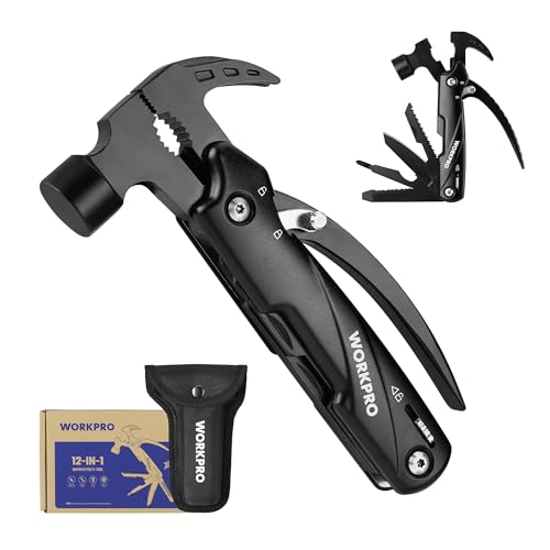 WORKPRO 12-in-1 Multi-Tool Hammer, Multi Tool with Pliers, Nail Remover, Saw,Bottle, Opener, Screwdriver, Multi Tool for Hiking, Fishing, Outdoors, Camping, Pure Black