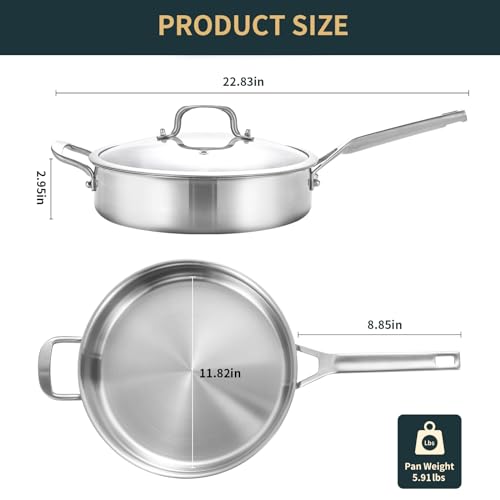 Yeksum Saute Pan With Lid 5 Quarts,12.5 Inch 18/10 Tri-Ply Nonsitck Large Frying Pan thumb #3