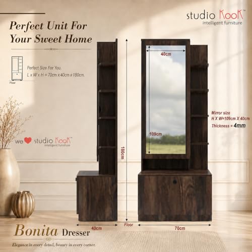Image of Studio Kook Bonita Dressing Table with Mirror & Storage, Junglewood | Engineered wood dresser with a tall mirror, concealed cabinet, five open shelves and deep 30 kg drawer; 70 x 40 x 180 cm.