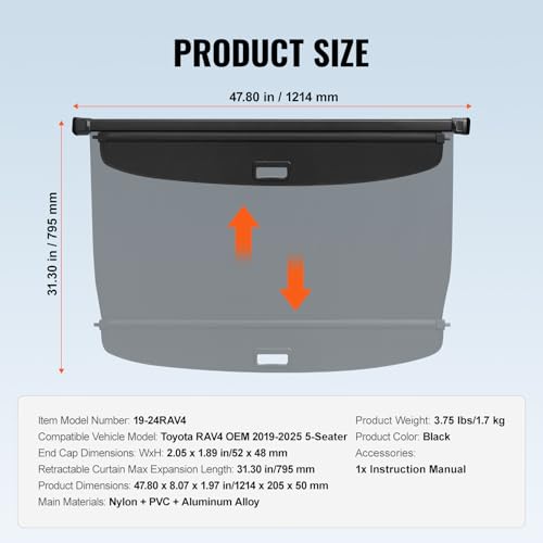 VEVOR Retractable Cargo Cover for Toyota, Upgraded Waterproof Trunk Cover Security Shield Shade for Toyota RAV4 2019-2025 5-Seater, UV Resistant Rear Trunk Cover, Aluminum Alloy & PVC Leather Texture by VEVOR - Used condition - Image 7