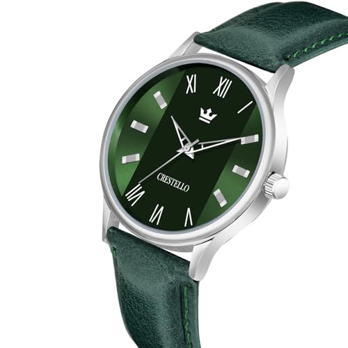 Image of CRESTELLO Faux Leather Strap Analog Wrist Watch for Men (Black /Blue /Green /Brown /Silver Dial) | CR-WT044