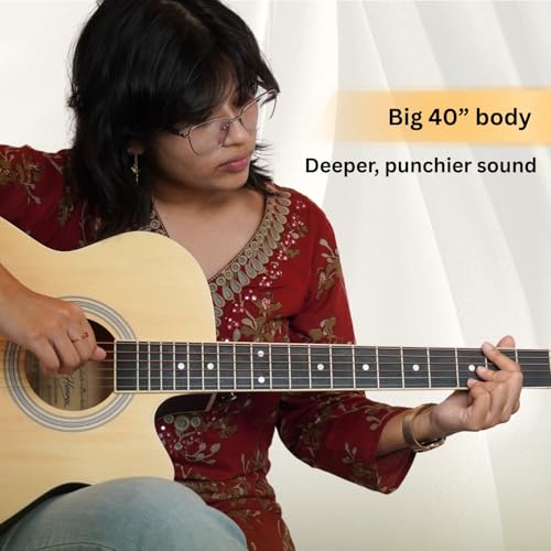 Image of Henrix PRO 40C 40-Inch Wood Cutaway Acoustic Guitar With Dual Action Truss Rod, Gigbag, Picks, String Set, Strap, Cloth & Ebook - Natural