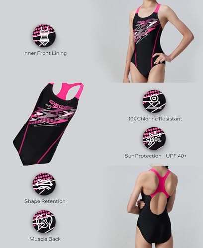 Image of Speedo Gir's Endurance10 Medley Print Muscleback V-Cut One Piece Swimsuit | Swimming Costume for Girls | Shape Retention Fabric | UPF 40+ Sun Protection | Chlorine Resistance