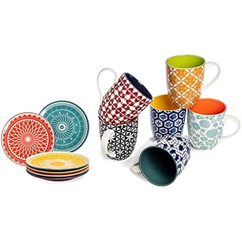 Annovero Coffee Mugs & Dessert Plates | Kitchen Dishes | Microwave Oven Safe | Colorful Porcelain Dinnerware Cover