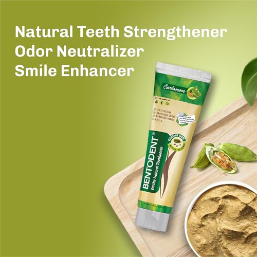 Image of BENTODENT Fluoride Free Remineralizing Calcium Bentonite Clay Toothpaste - Cardamom Flavor Natural Toothpaste, Mint-Free, 3.52 oz - Ideal for Sensitive Teeth & Whitening with Toothbrush