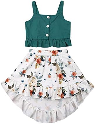 Toddler Baby Girls Ruffle Strap Top+Boho Floral Skirt Summer Outfit Clothes Two Piece Set (Green Crop Top+White Floral Skirt, 3-4T)