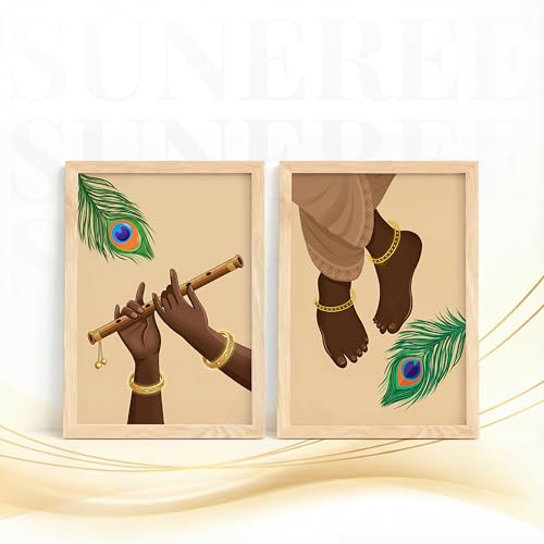 Image of Suneree Krishna Flute Hands Charan Feet Wall Art Painting | Set of 2 Framed Paintings | Spiritual Decor for Living Room Mandir Pooja Room Bedroom | (ART 6, 10x13 INCHES)