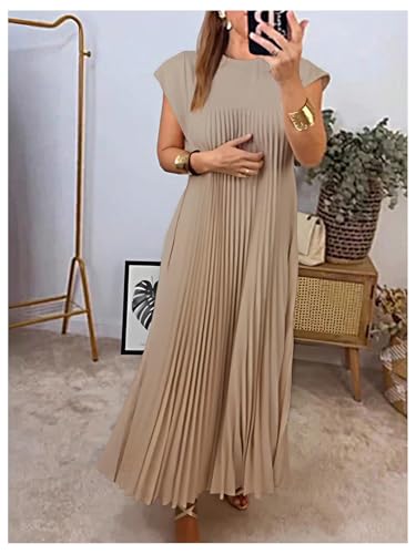Image of GORGLITTER Women's Pleated Flowy Chiffon Church Dresses Elegant Summer Short Sleeve Wedding Guest Maxi Dress Outfits