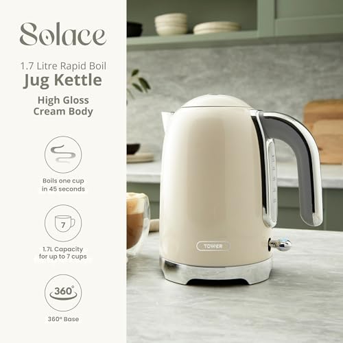 Image of Tower Premium Solace Electric Kettle 1.7L, 1350W | Full Metal Body, Rapid Boil in 45 Seconds, Auto Shut-Off, Boil-Dry Protection, 360 Power Base, Water Level Indicator, 2 Year Warranty (Cream)