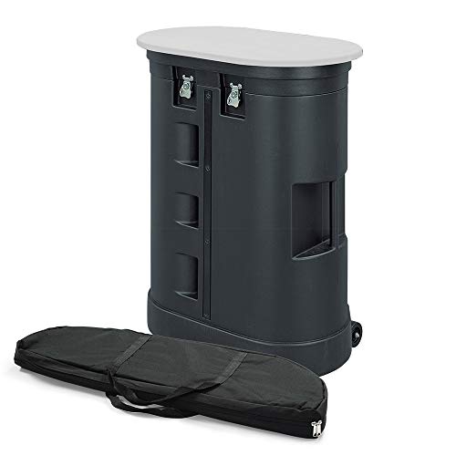 Vispronet Hard PVC Case with Wheels and Removable Lid – Interior Dimensions are 26.5in x 30.5in x 11in – Weighs 37lbs and Stands 39in Tall – Comes with a White Wood Grain Laminated Foldable Tabletop
