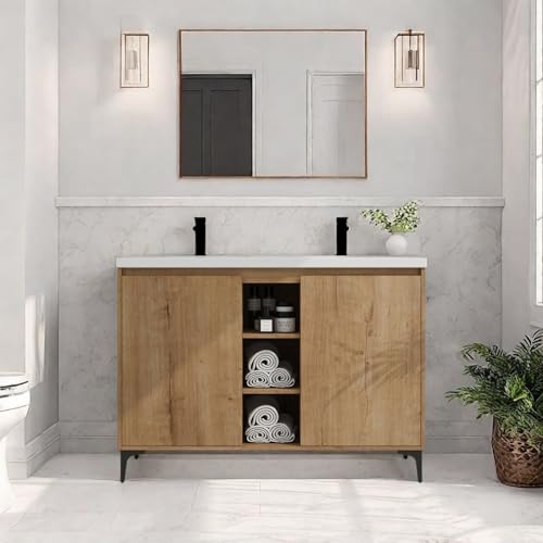 Image of Freestanding Bathroom Vanity, 48 inch Bathroom Storage Cabinet with Double Resin Sinks, 2 Soft-Close Doors & 3 Open Storage Shelves, Floor Vanity with Adjustable Shelf & Black Tripod Base, Oak