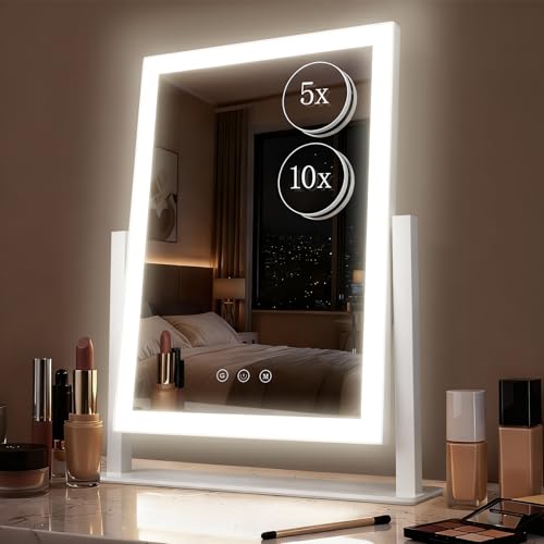 DECADENCE Vanity Mirror with Lights, 17.3’’ LED Makeup Mirror Detachable 10X/5X Magnification, Smart Touch Control, 3 Color Lighting Modes,360°Rotation Tabletop Make Up Mirror for Bedroom Bathroom