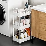 Conworld 3 Tier Rolling Storage Cart,34 inchs Taller Version Narrow Bathroom Cart Organizer, Laundry Cart, Mobile Shelving Unit with Handle for Kitchen Laundry Room,Plastic & Stainless Steel,White
