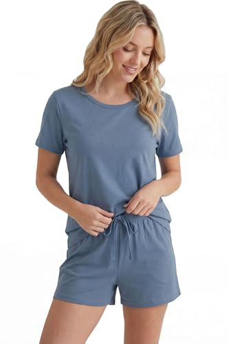 Image of LUBOT Pajamas for Women Set Bamboo Viscose with Cotton Cooling Soft 2 Piece PJ Sets Short Sleeve Nightwear S-2XL