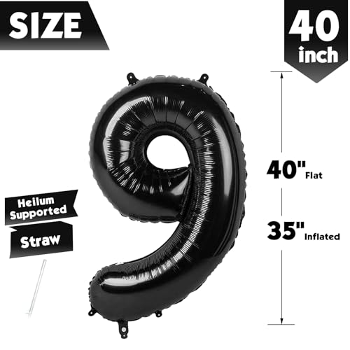 Image of 40 Inch Black Number 9 Balloon Birthday Party Decorations for Men & Women | 40 Inch Black inflatable foil number balloons, large birthday decorations for 9th birthday