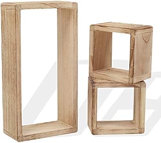 Rebecca Mobili Set of 3 modular wall wooden shelves cube design 2 square 1 rectangular natural wood color Vintage Shabby - 41 x 21 x 9 cm (H x W x D) - Art. RE4121