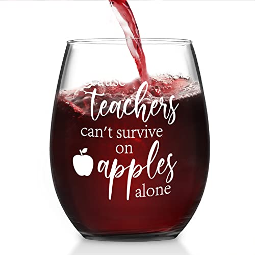 Futtumy Because Teachers Can t Survive On Apples Alone Stemless Wine Glass, Funny Teacher Appreciation Gift Thank You Gift Christmas Gift Birthday Gift for Teacher Teaching Assistant Professor, 15oz