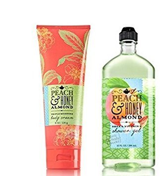Bath and Body Works Peach & Honey Almond Triple Moisture Body Cream 8 Oz and Shower Gel 10 Oz
