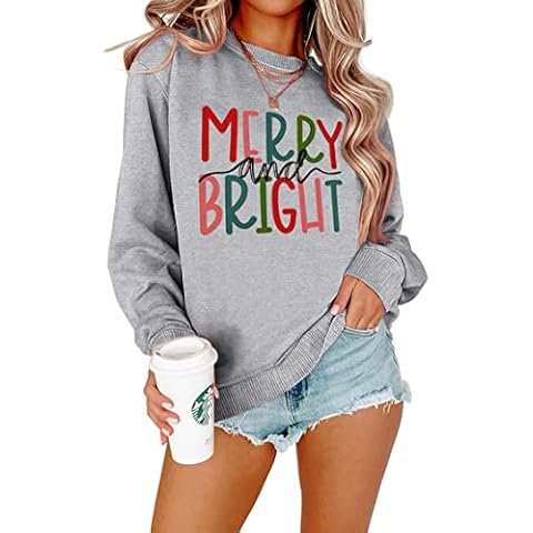 Women's Crewneck Sweatshirt Oversized Pullover Top Merry and Bright Letter Print Christmas Long Sleeve Sweatshirt, Grey, XXL Cover