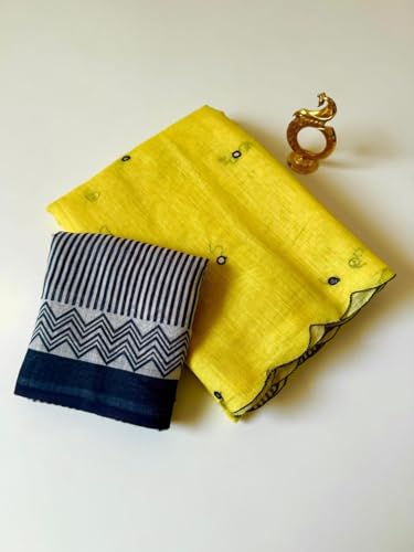 Image of Linen Cotton Saree with Black Mirror Work