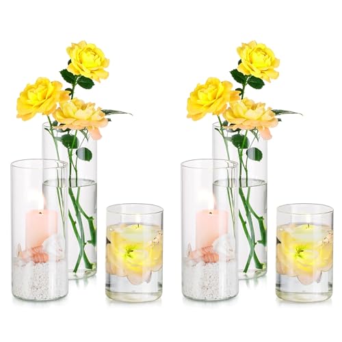 Hewory Vases Cylindriques en Verre Lot de 6, Grand Vase en Verre Transparent pour Fleurs, Support de Bougie pour Bougie Pilier Flottante, Vase à Fleurs pour...