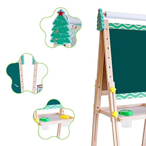 Kids Easel With Paper Roll Wooden Art Easel With Chalkboard & White Board Painting Accessories Storage Tray Double-Sided Board Height Adjustable #TOP6