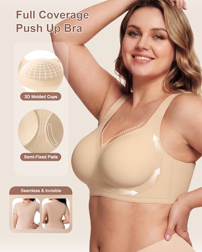 Jelly Bras for Women Wireless Plus Size No Underwire Supportive Full Coverage Seamless Push Up Bra for Older Women,Skin,Large — view 2