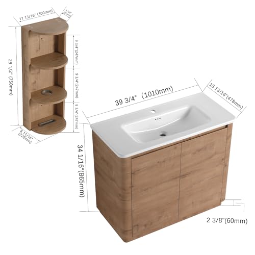 Image of 40 inch Bathroom Vanity with Ceramic Sink, Freestanding Bathroom Vanity with 2-Soft-Close Door, Semicircle Storage Rack & Inside Adjustable Shelves for Home, Farmhouse Floor Mount Vanity, Oak