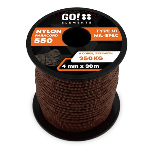 GO!elements 30m Paracord de Nylon a Prueba de desgarros - 4mm Paracord 550 Typo III Cuerda - Adecuado como Cuerda Yute & Cuerda Gruesa | MAX. 250kg, Color: Marrón