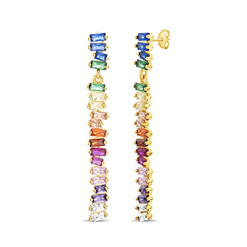 Devin Rose Yellow Gold Plated Sterling Silver Rainbow Baguette Cubic Zirconia Bar Drop Dangle Earrings for Women with Post and Nut Backs