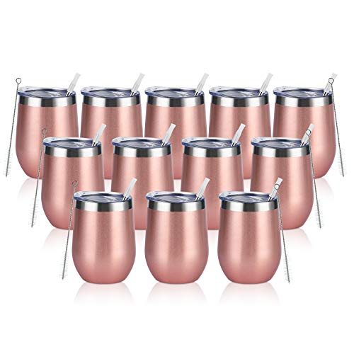 12 Pack Stainless Steel Wine Tumblers 12Oz Double Wall Vacuum Insulated Wine Tumblers with Lids and Straws Stainless Steel Stemless Wine Glasses for Coffee Wine Cocktails Champaign Rose Gold