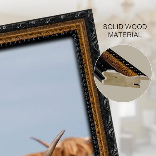 Image of 16x20 Black Frame with Mat Wood Vintage Ornate Picture Frame | Real Glass, Matted 11x14 or 16 x 20 Photos, Easy Photo Changes, Wall Hanging