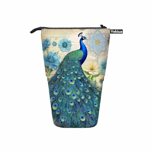 Image of Swono Peacock Pencil Pouch Elegant Big Bird Floral Stand Up Pencil Case Organizer Pencil Holder Makeup Bag Gift Colorful