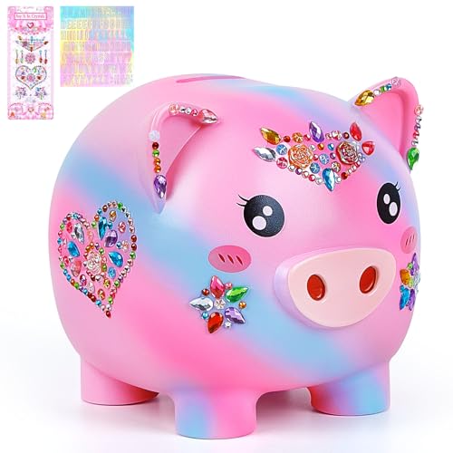 MHJY Large Unbreakable Piggy Bank for Girls Money Bank with DIY Stickers