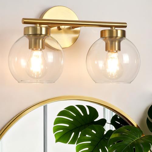 Image of Gold Vanity Light, 2 Light Bathroom Vanity Light with Clear Globe Glass Shades, Modern Bathroom Light Fixture Over Mirror, Brass Wall Sconce Light for Bedroom Restroom, E26 Socket